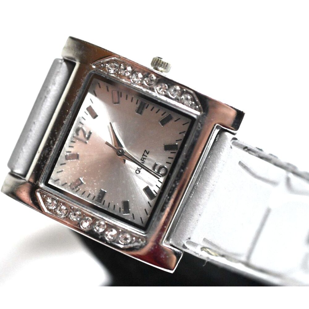 Vintage Moulin Quartz Silver Tone Rhinestone Accent Silicone Gray Band Watch